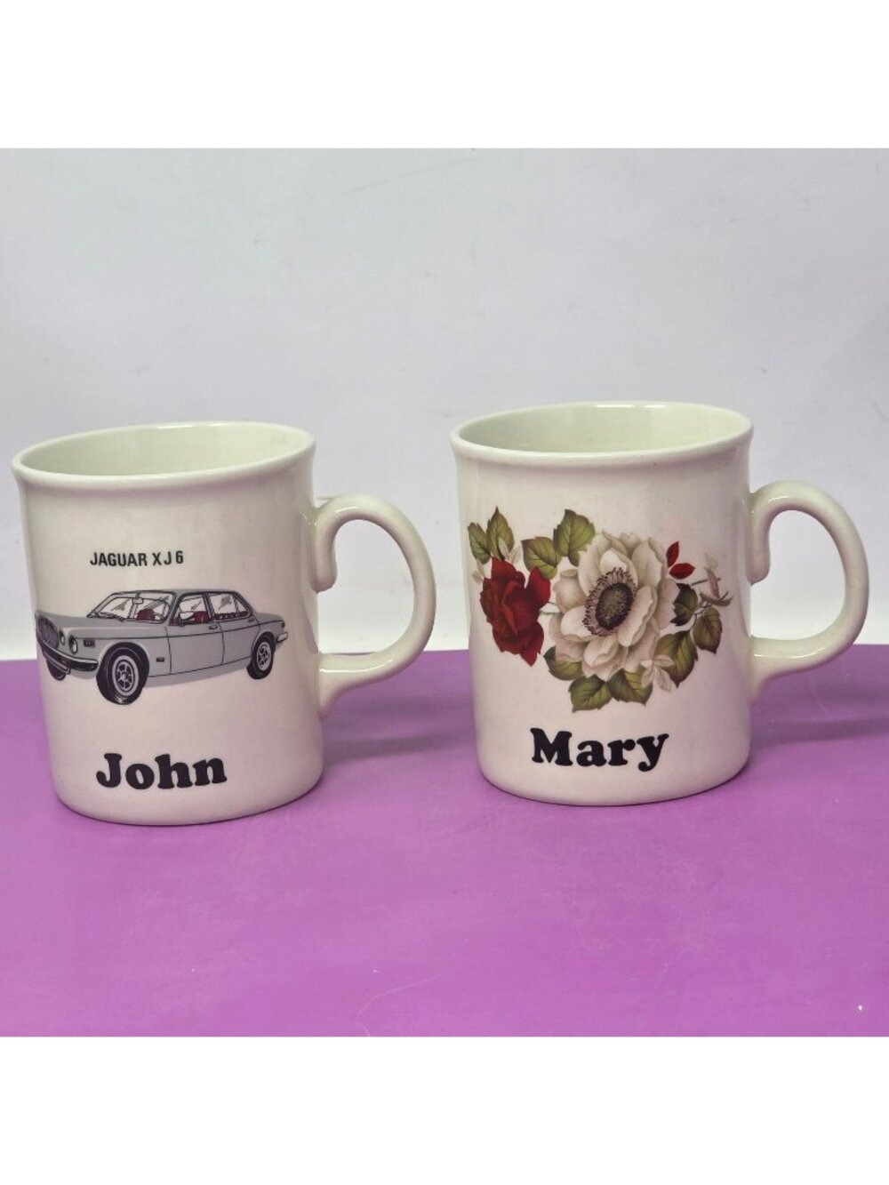 Personalized Ceramic Mugs Set Of 2 Jaguar XJ6 John Mary Floral Car Coffee Cups